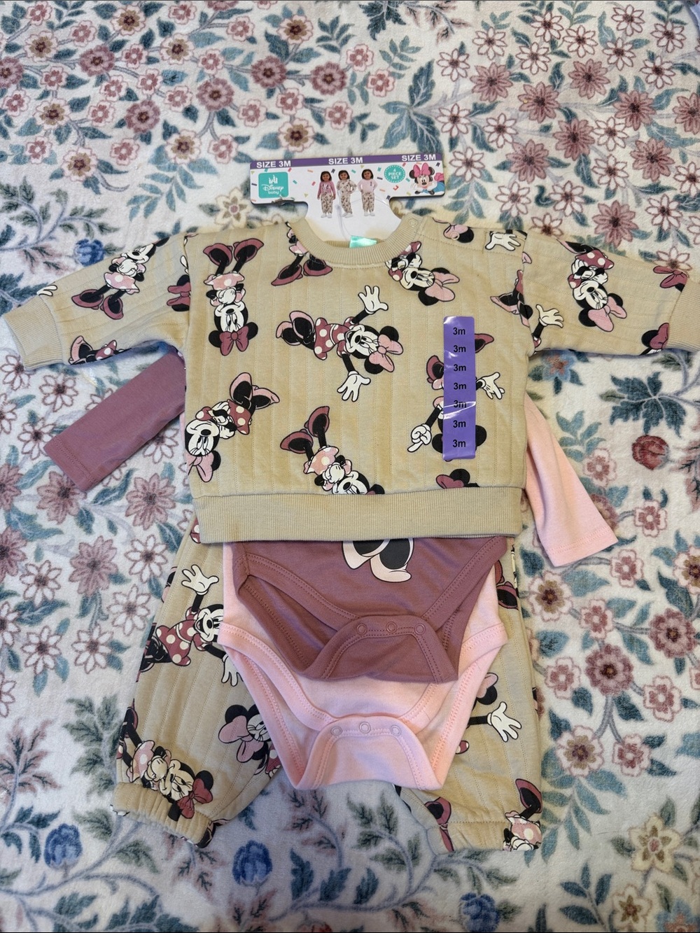 Minnie Mouse Beige & Pink Baby Sweatsuit with Matching Bodysuits